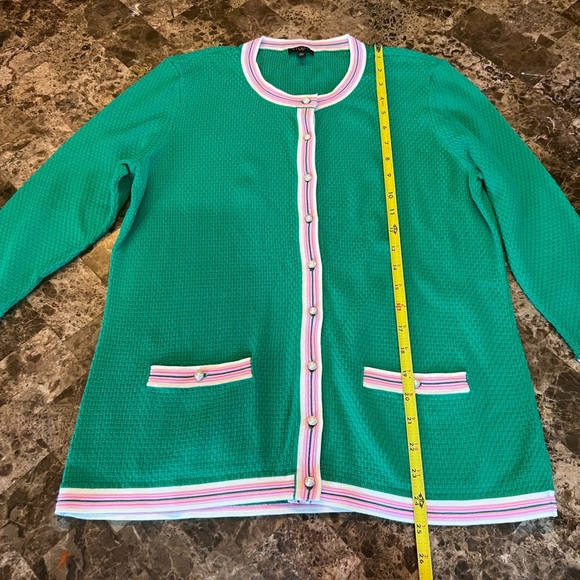 Talbots Kelly Green Sweater Cardigan PinkWhite Trim Pearl Buttons Barbie Core MP - Picture 14 of 14